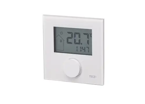 Raumthermostat mit LC-Display von TECE, Anzeige der aktuellen Temperatur und Uhrzeit, drehbarer Regler zur Temperatureinstellung.